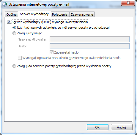W zakładce Serwer wychodzący zaznaczamy opcję Serwer wychodzący (SMTP) wymaga uwierzytelnienia Użyj tych samych ustawień, co mój