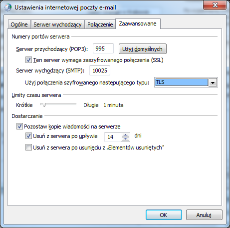W zakładce Zaawansowane zaznaczamy opcję Ten serwer wymaga zaszyfrowanego połączenia (SSL) przy Serwerze przychodzącym (POP3) zmieni się automatycznie numer portu na 995.