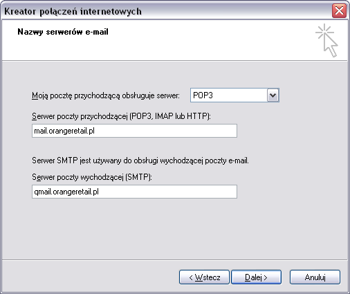 W oknie Nazwy serwerów e-mail: (Rysunek 4) Zostawiamy zaznaczone POP3 W polu tekstowym pod Serwer poczty przychodzącej wpisujemy: mail.orangeretail.