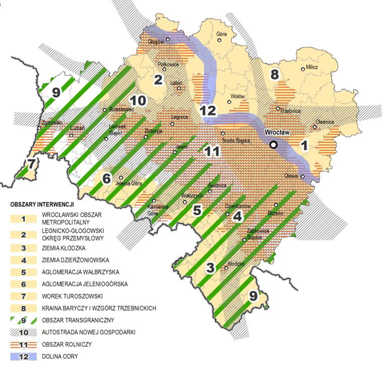 Miasto Bolesławiec ujęte jest w trzech z wyodrębnionych obszarów interwencji: - Legnicko Głogowski Okręg Przemysłowy - Obszarze Transgranicznym - Obszarze Autostrada Nowej Gospodarki Rysunek 2.