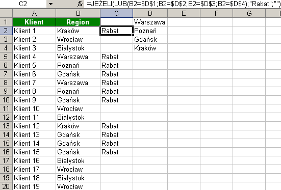=JEśELI(LUB(B2=$D$1;B2=$D$2;B2=$D$3;B2=$D$4);"Rabat";"") 3. Skopiuj ją poniŝej, klikając dwukrotnie prawy dolny róg komórki C2. Rys. 3. Klienci zostali oznaczeni Wyjaśnienie działania formuły: W pierwszym argumencie funkcji JEśELI została zagnieŝdŝona funkcja LUB.