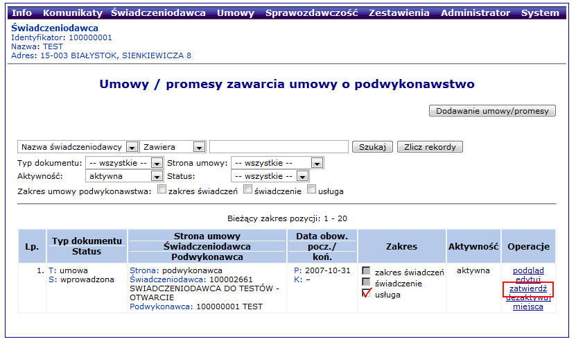 Na powyższym ekranie należy kliknąć na odnośniku Powrót do listy umów/promes.