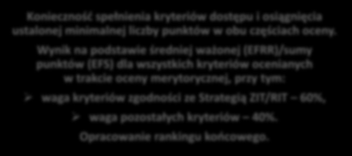 Ramowa ścieżka wyboru projektów ZIT/RIT Nabór wniosków [IOK: IZ RPO WSL/IP WUP we współpracy IP ZIT/RIT] Weryfikacja wymogów formalnych/ocena formalna [IZ RPO/IP WUP, ŚCP] Ocena merytoryczna