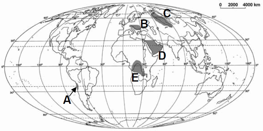 Zadanie 18. (2 p.) WOJEWÓDZKIE KONKURSY PRZEDMIOTOWE 2015/2016 GIMNAZJUM źródło: http://www.maximus.pl/bw-geografia/ Na mapie zaznaczono wybrane obszary Ziemi.