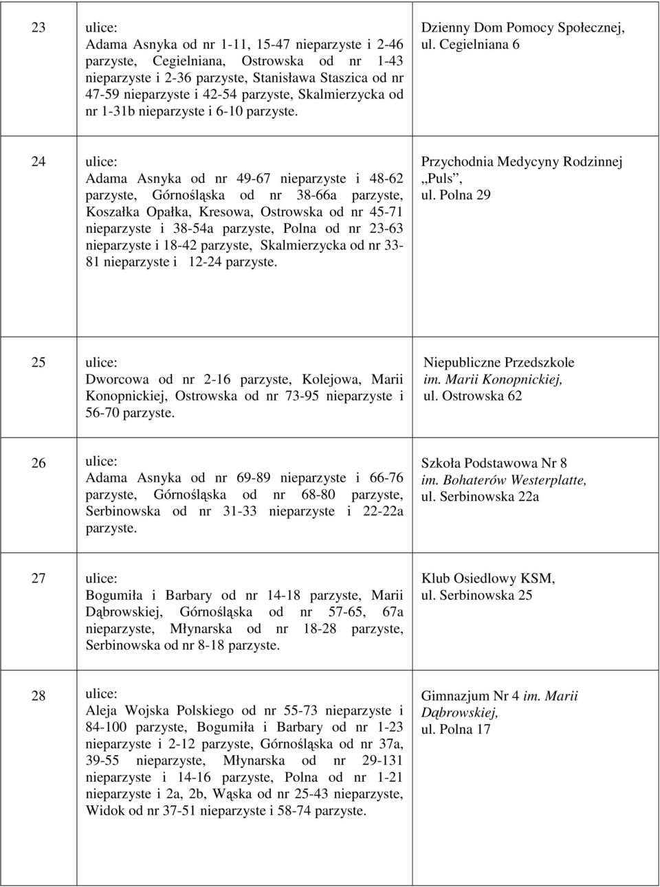 Cegielniana 6 24 ulice: Adama Asnyka od nr 49-67 nieparzyste i 48-62 parzyste, Górnośląska od nr 38-66a parzyste, Koszałka Opałka, Kresowa, Ostrowska od nr 45-71 nieparzyste i 38-54a parzyste, Polna