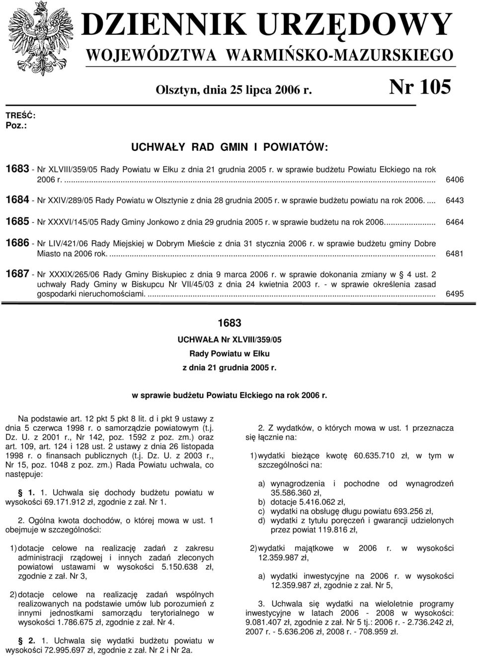 ... 6443 1685 - Nr XXXVI/145/05 Rady Gminy Jonkowo z dnia 29 grudnia 2005 r. w sprawie budŝetu na rok 2006... 6464 1686 - Nr LIV/421/06 Rady Miejskiej w Dobrym Mieście z dnia 31 stycznia 2006 r.