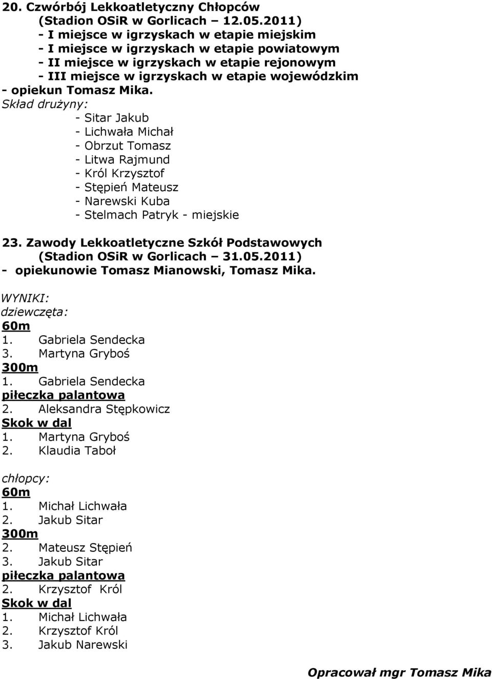 2011) - opiekunowie Tomasz Mianowski, Tomasz Mika. WYNIKI: dziewczęta: 60m 1. Gabriela Sendecka 3. Martyna Gryboś 300m 1. Gabriela Sendecka piłeczka palantowa 2. Aleksandra Stępkowicz Skok w dal 1.