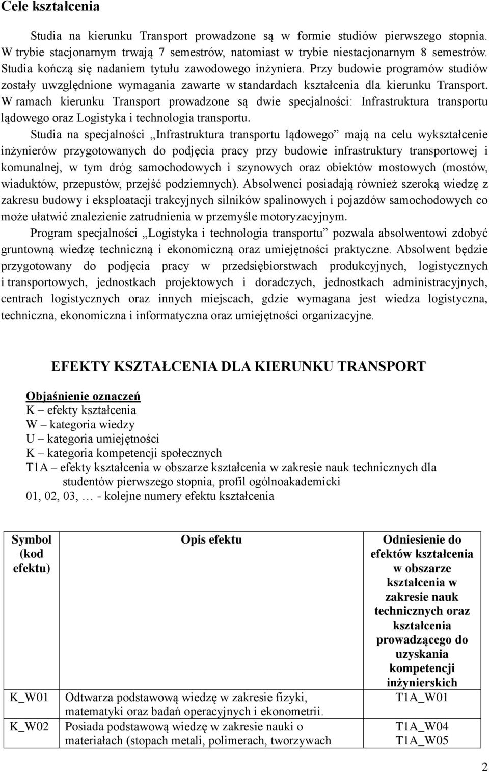 W ramach kierunku Transport prowadzone są dwie specjalności: Infrastruktura transportu lądowego oraz Logistyka i technologia transportu.