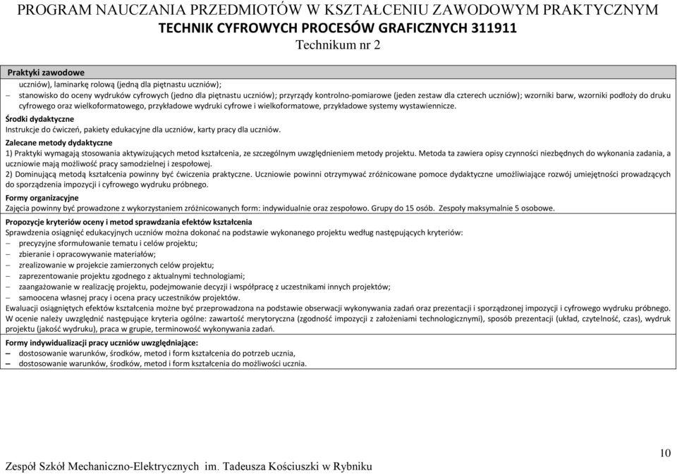 Środki dydaktyczne Instrukcje do ćwiczeń, pakiety edukacyjne dla uczniów, karty pracy dla uczniów.