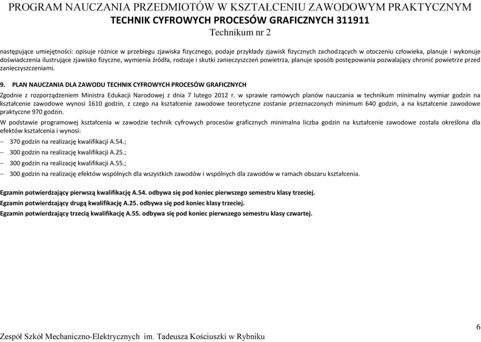 LAN NAUZANIA DLA ZAWODU TEHNIK YFROWYH ROESÓW GRAFIZNYH Zgodnie z rozporządzeniem Ministra Edukacji Narodowej z dnia 7 lutego 2012 r.