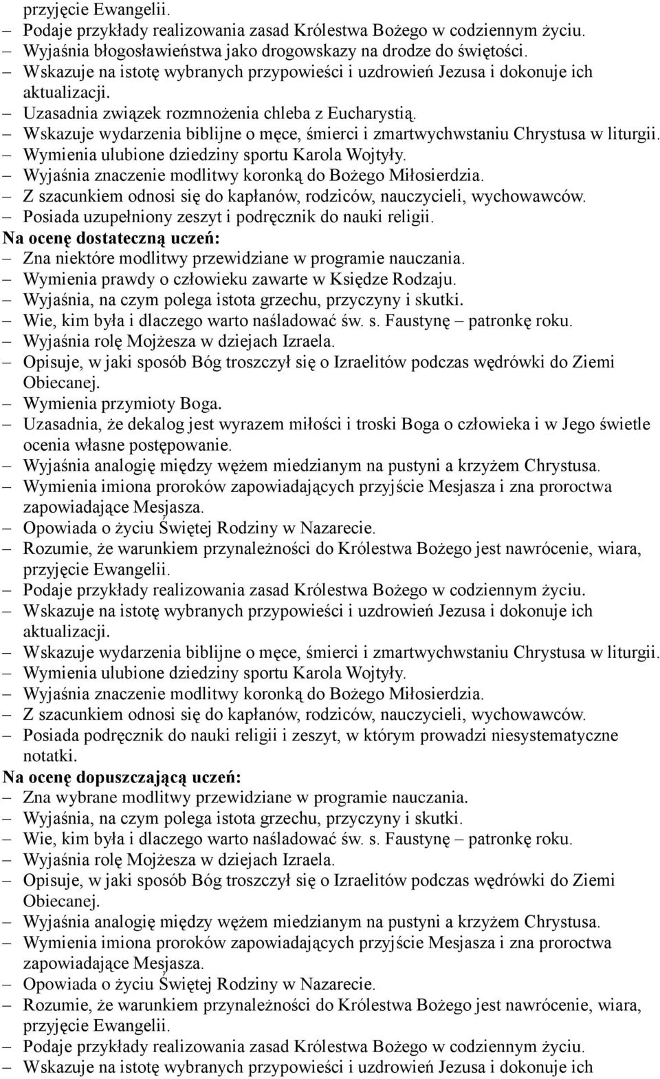 Wskazuje wydarzenia biblijne o męce, śmierci i zmartwychwstaniu Chrystusa w liturgii. Wymienia ulubione dziedziny sportu Karola Wojtyły. Wyjaśnia znaczenie modlitwy koronką do Bożego Miłosierdzia.