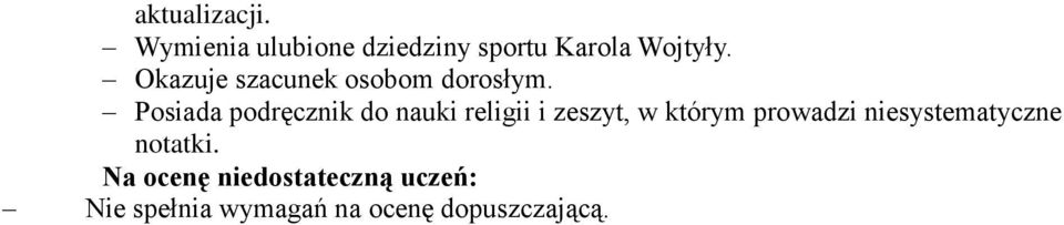 Posiada podręcznik do nauki religii i zeszyt, w którym prowadzi