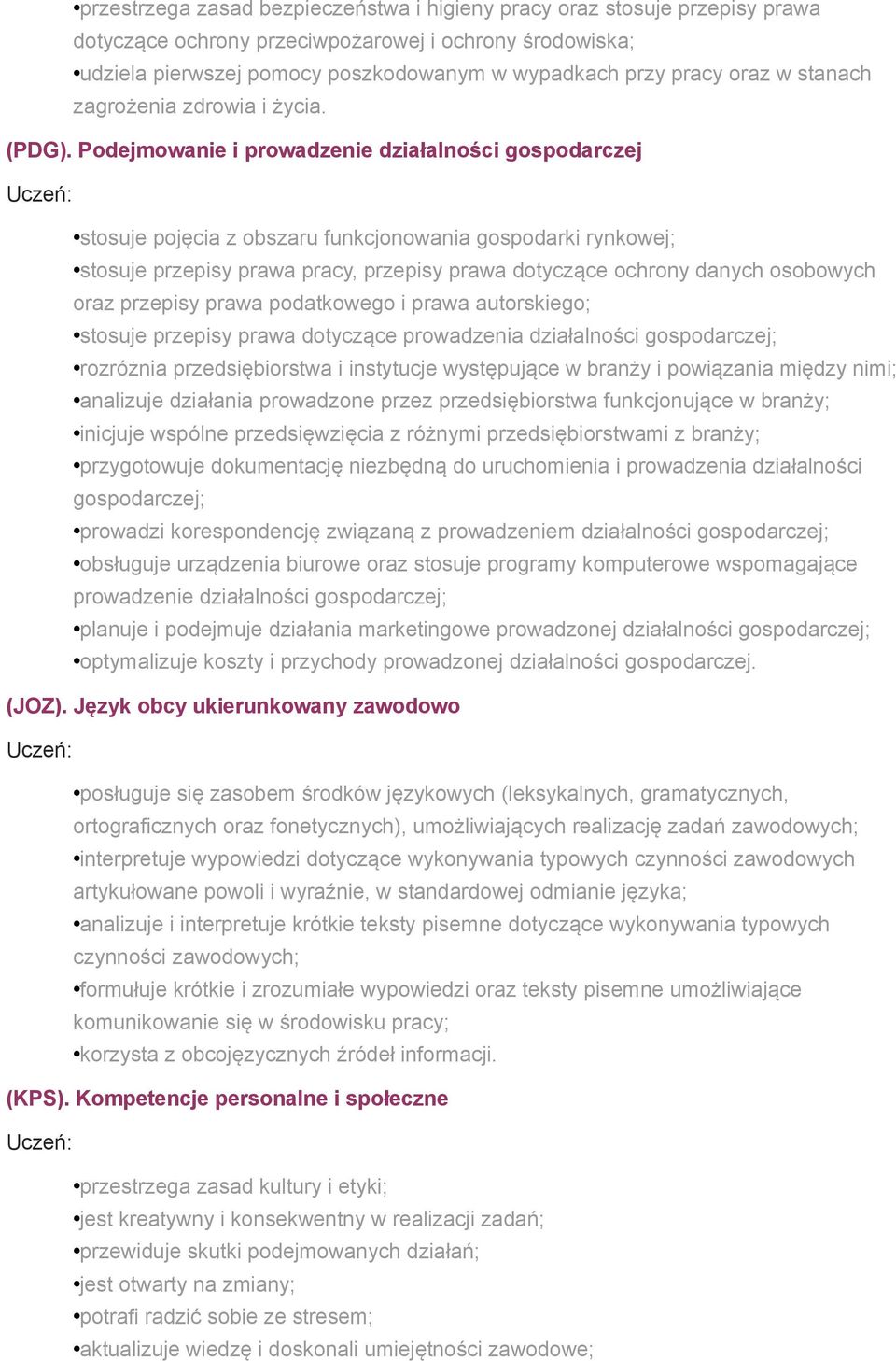 Podejmowanie i prowadzenie działalności gospodarczej stosuje pojęcia z obszaru funkcjonowania gospodarki rynkowej; stosuje przepisy prawa pracy, przepisy prawa dotyczące ochrony danych osobowych oraz