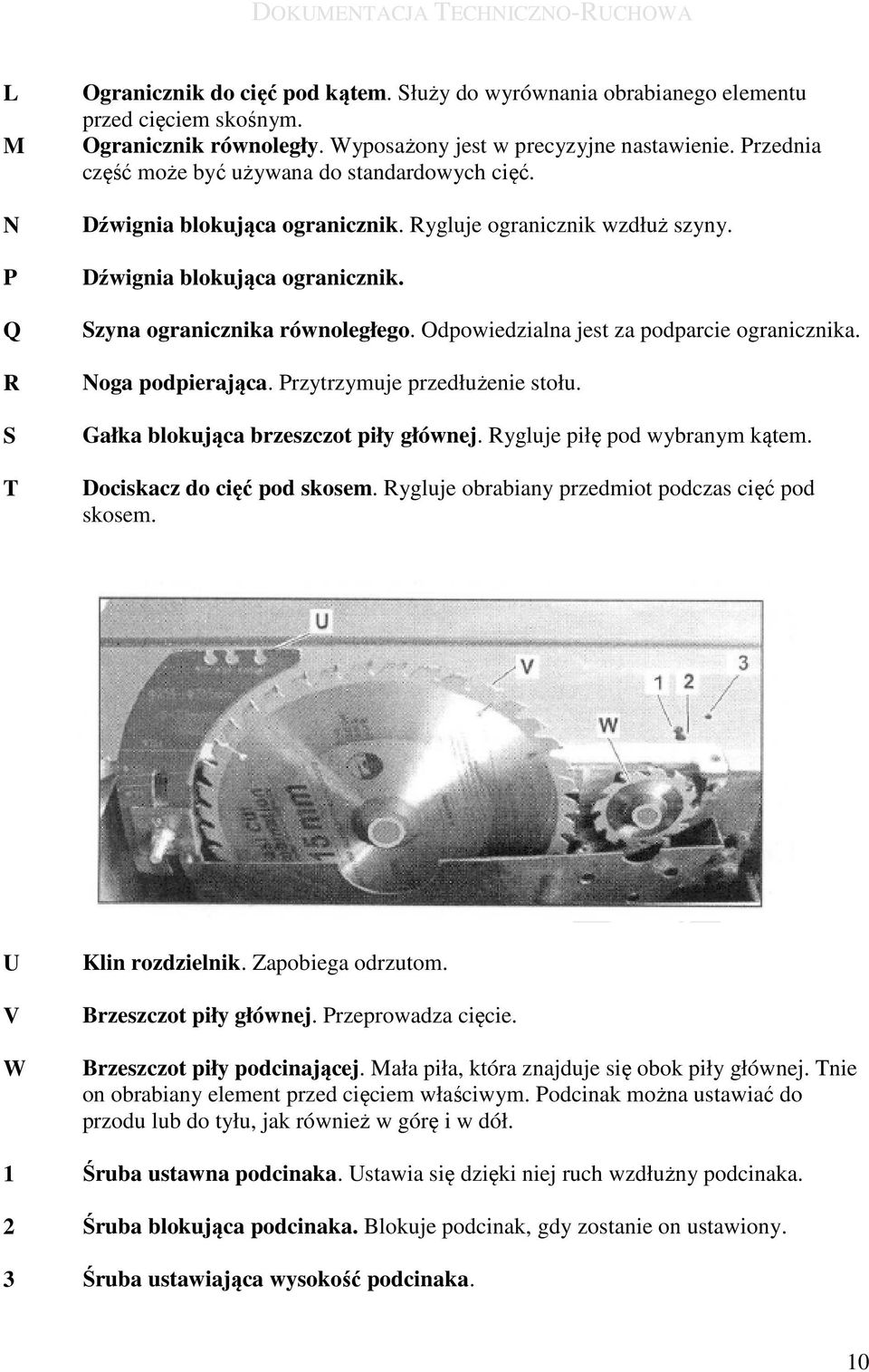 Odpowiedzialna jest za podparcie ogranicznika. Noga podpierająca. Przytrzymuje przedłużenie stołu. Gałka blokująca brzeszczot piły głównej. Rygluje piłę pod wybranym kątem.