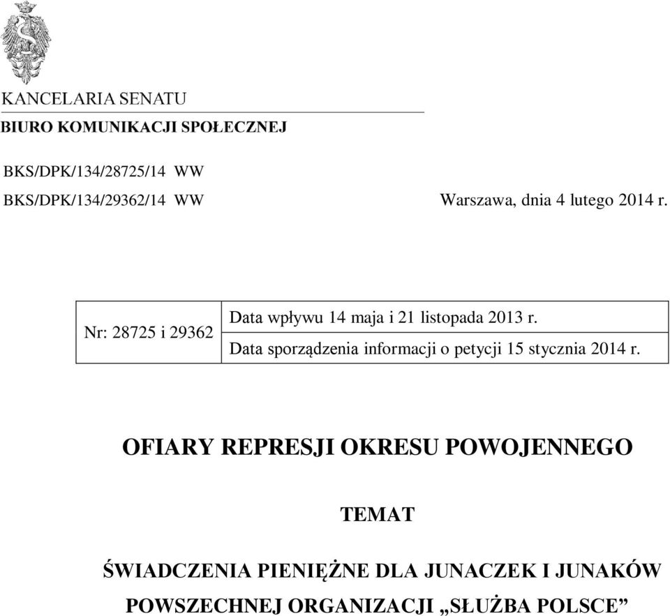 Data sporządzenia informacji o petycji 15 stycznia 2014 r.