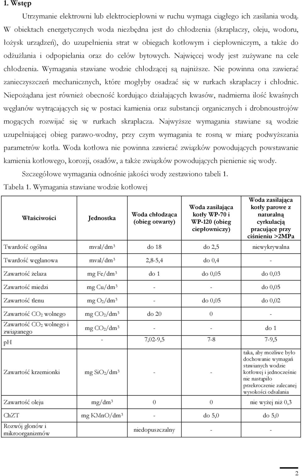 odpopielania oraz do celów bytowych. Najwięcej wody jest zuŝywane na cele chłodzenia. Wymagania stawiane wodzie chłodzącej są najniŝsze.