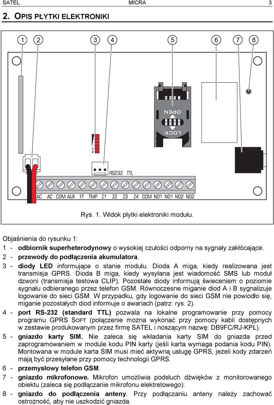 Dioda B miga, kiedy wysyłana jest wiadomość SMS lub moduł dzwoni (transmisja testowa CLIP). Pozostałe diody informują świeceniem o poziomie sygnału odbieranego przez telefon GSM.