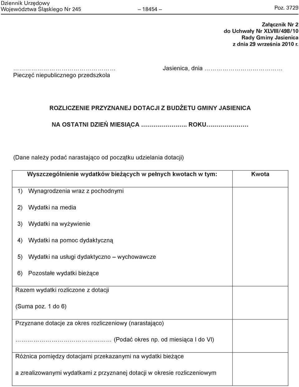. ROKU (Dane naley poda narastajco od pocztku udzielania dotacji) Wyszczególnienie wydatków biecych w pełnych kwotach w tym: Kwota 1) Wynagrodzenia wraz z pochodnymi 2) Wydatki na media 3) Wydatki na