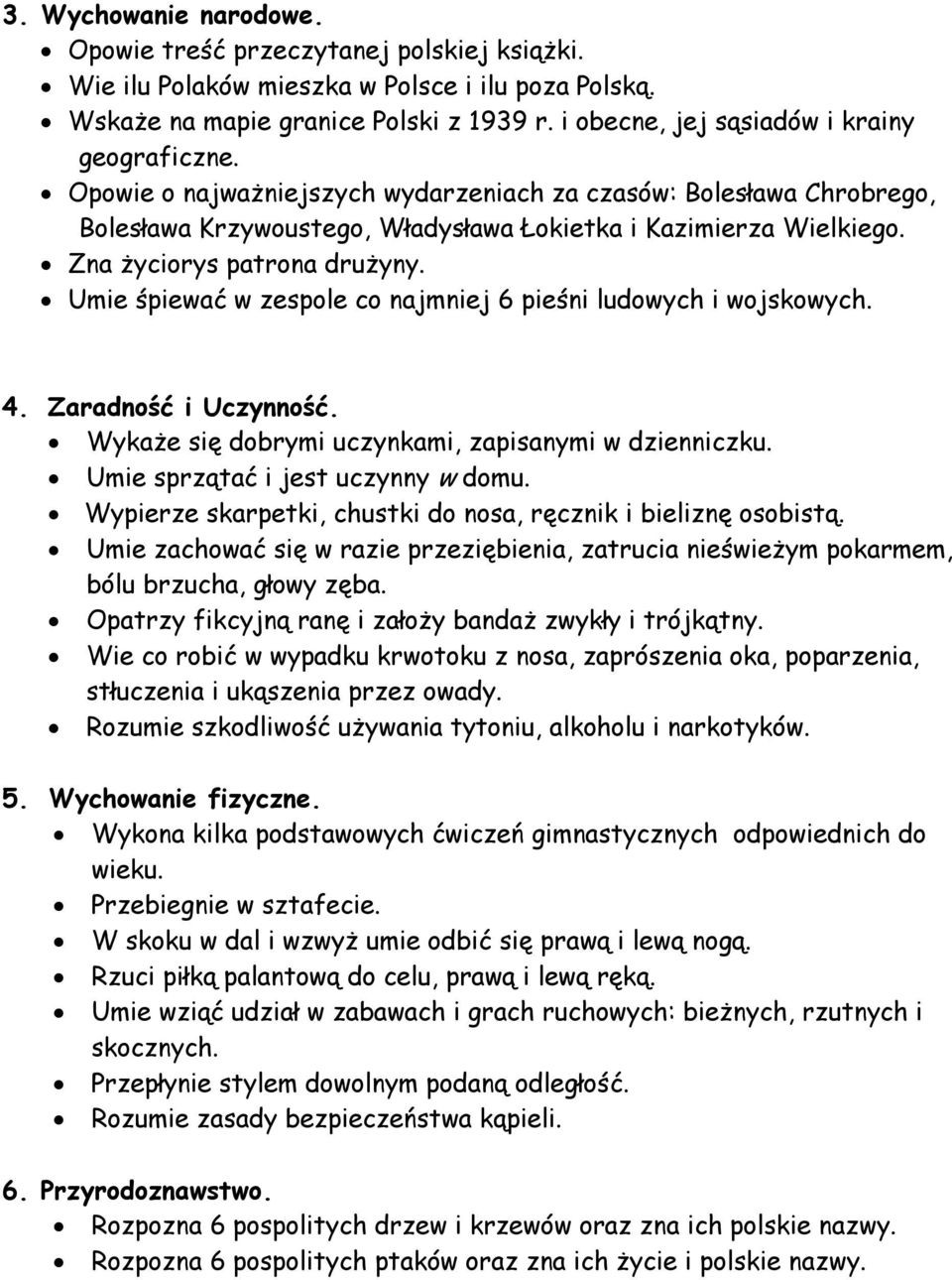 Zna życiorys patrona drużyny. Umie śpiewać w zespole co najmniej 6 pieśni ludowych i wojskowych. 4. Zaradność i Uczynność. Wykaże się dobrymi uczynkami, zapisanymi w dzienniczku.
