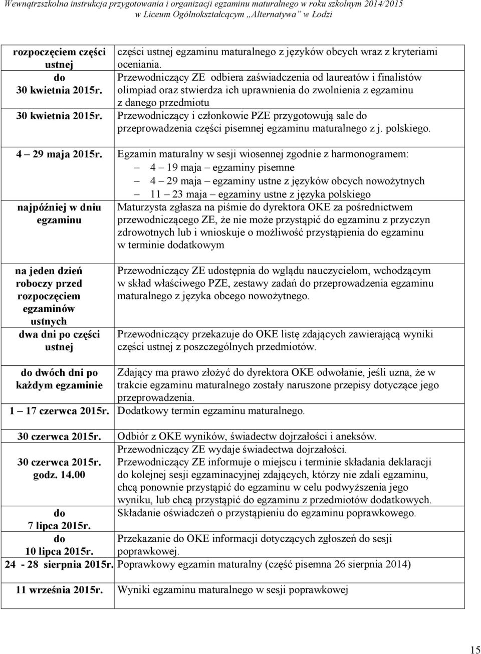 Przewodniczący i członkowie PZE przygotowują sale przeprowadzenia części pisemnej egzaminu maturalnego z j. polskiego. 4 29 maja 2015r.