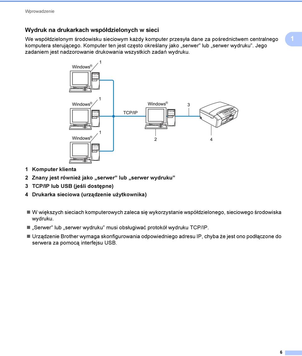 1 1 Komputer klienta 2 Znany jest również jako serwer lub serwer wydruku 3 TCP/IP lub USB (jeśli dostępne) 4 Drukarka sieciowa (urządzenie użytkownika) Wwiększych sieciach komputerowych zaleca