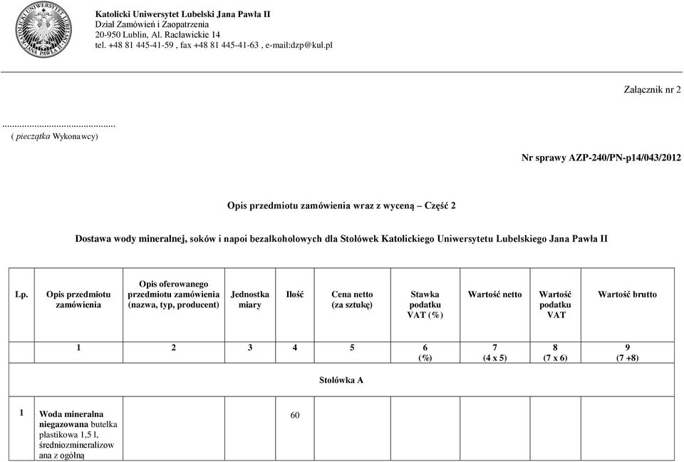 napoi bezalkoholowych dla Stołówek Katolickiego Uniwersytetu Lubelskiego Jana Pawła II Lp.