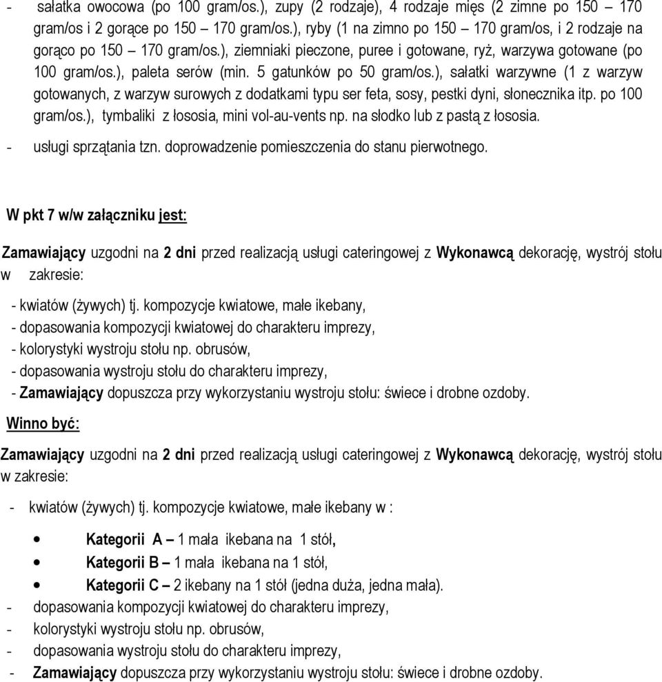 5 gatunków po 50 gram/os.), sałatki warzywne (1 z warzyw gotowanych, z warzyw surowych z dodatkami typu ser feta, sosy, pestki dyni, słonecznika itp. po 100 gram/os.