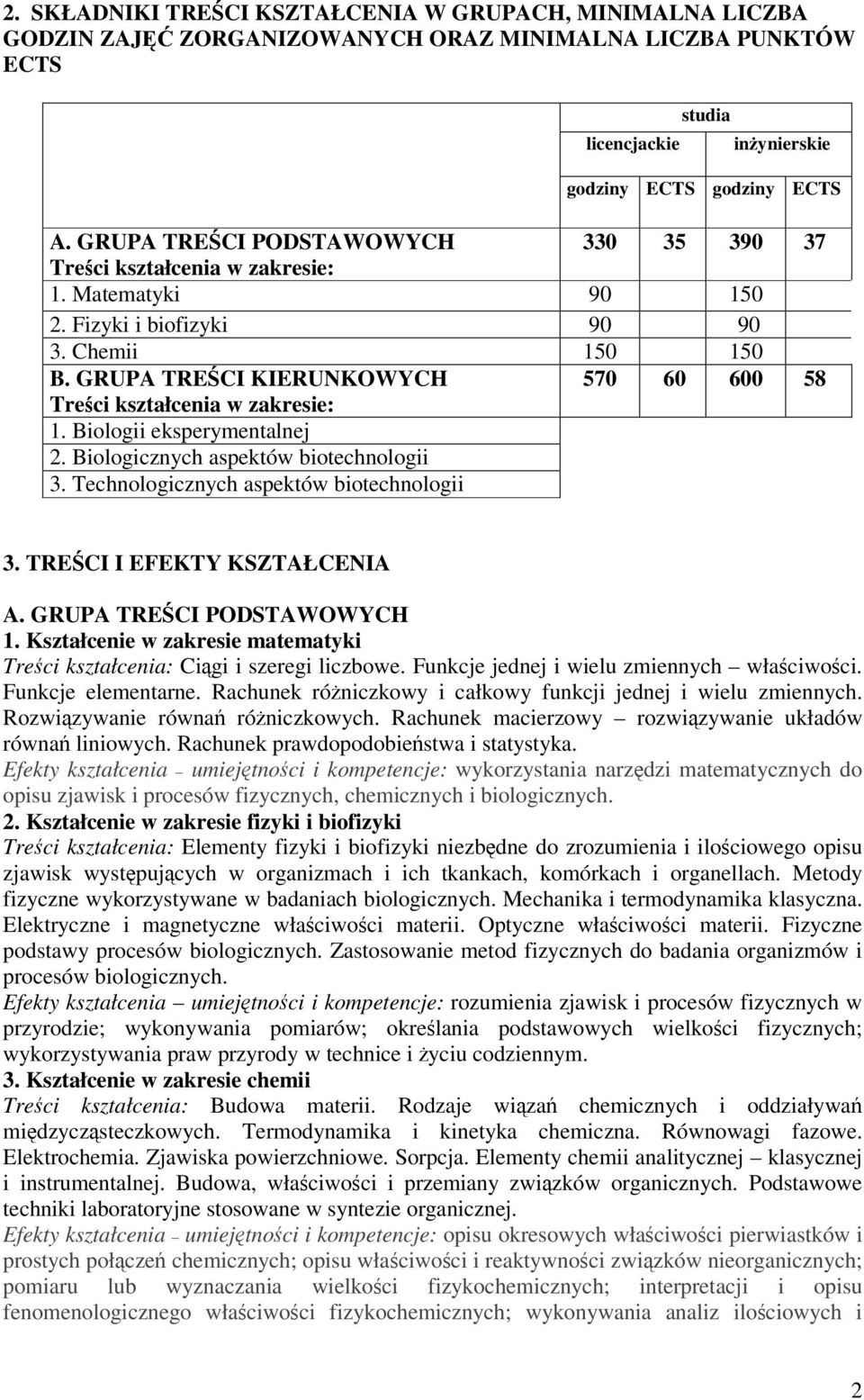 Technologicznych aspektów biotechnologii 3. TRECI I EFEKTY KSZTAŁCENIA 1. Kształcenie w zakresie matematyki Treci kształcenia: Cigi i szeregi liczbowe. Funkcje jednej i wielu zmiennych właciwoci.