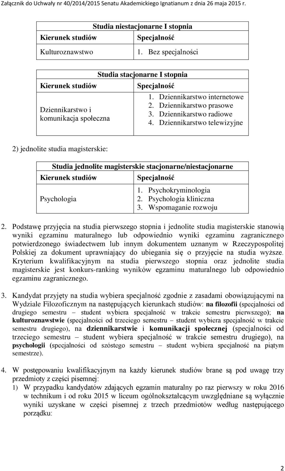 Dziennikarstwo telewizyjne 2) jednolite studia magisterskie: Studia jednolite magisterskie stacjonarne/niestacjonarne Kierunek studiów Psychologia Specjalność 1. Psychokryminologia 2.