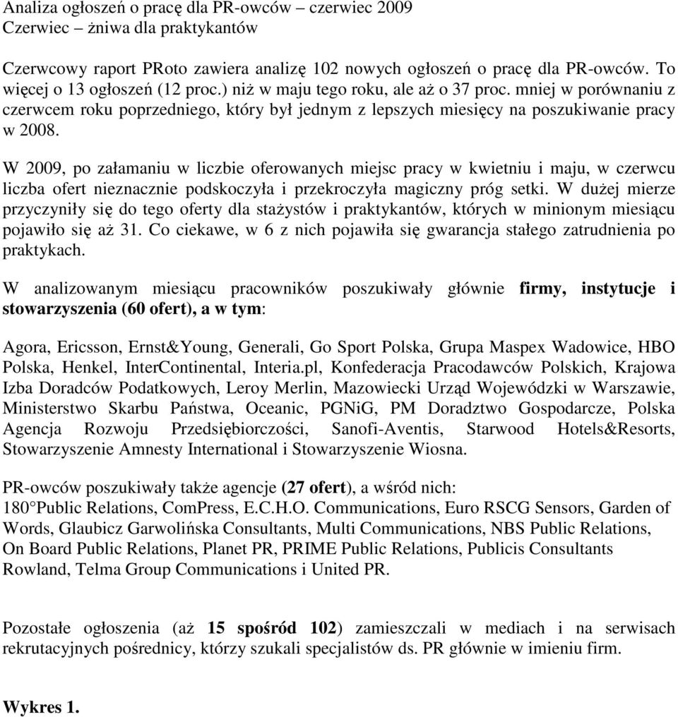 W 2009, po załamaniu w liczbie oferowanych miejsc pracy w kwietniu i maju, w czerwcu liczba ofert nieznacznie podskoczyła i przekroczyła magiczny próg setki.