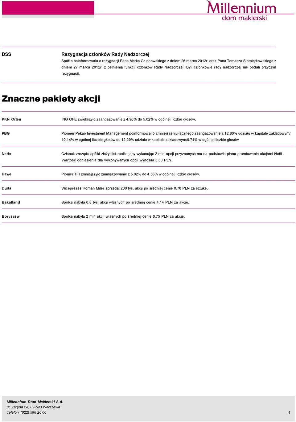 2% w ogçlnej liczbie głosçw. PBG Pioneer Pekao Investment Management poinformował o zmniejszeniu łącznego zaangażowanie z 12.8% udziału w kapitale zakładowym/ 1.14% w ogçlnej liczbie głosçw do 12.