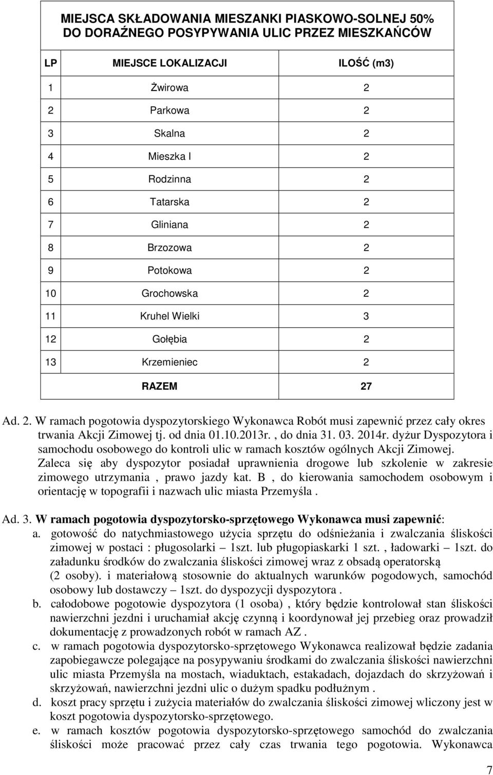 od dnia 01.10.2013r., do dnia 31. 03. 2014r. dyżur Dyspozytora i samochodu osobowego do kontroli ulic w ramach kosztów ogólnych Akcji Zimowej.
