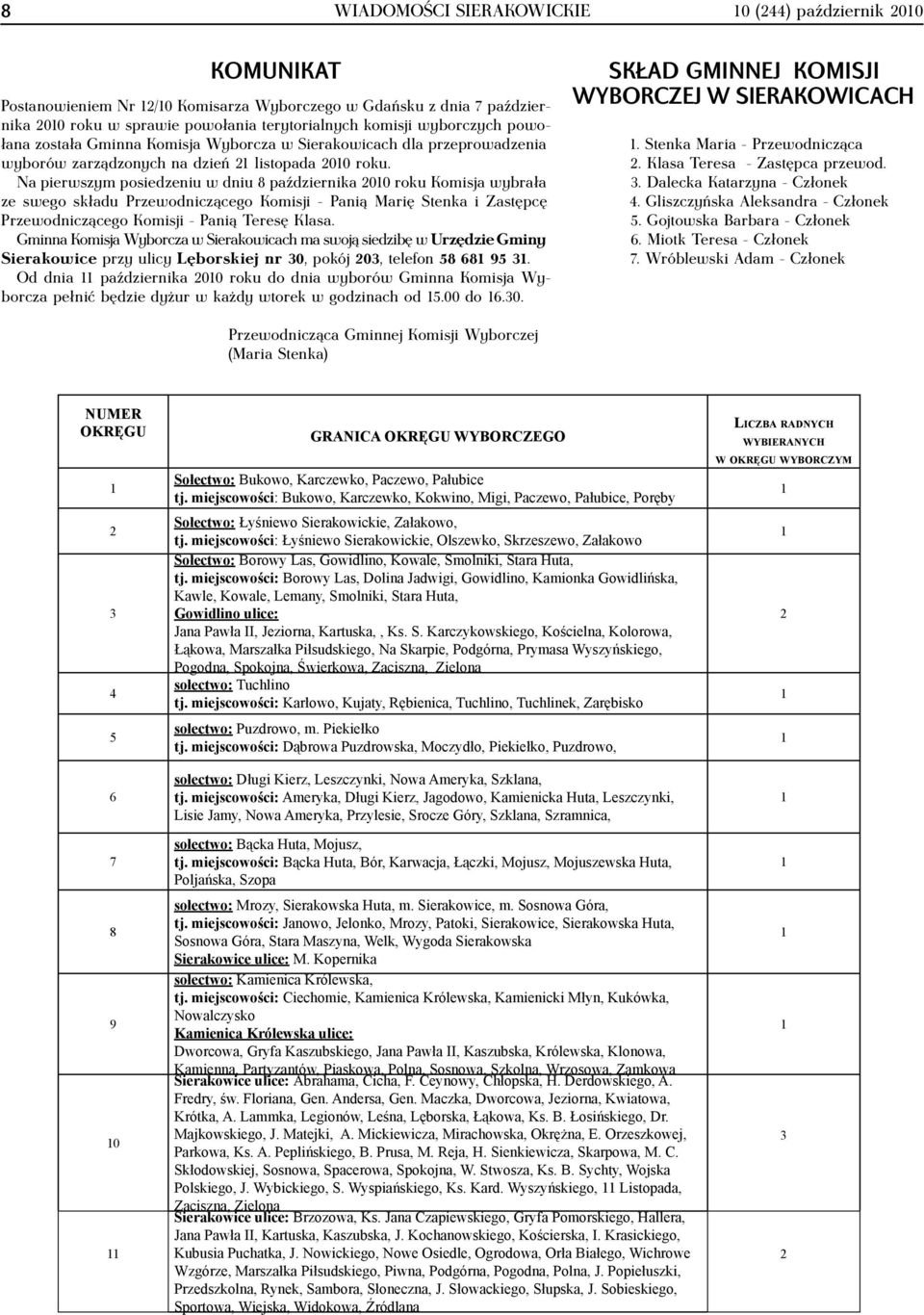 Na pierwszym posiedzeniu w dniu 8 października 2010 roku Komisja wybrała ze swego składu Przewodniczącego Komisji - Panią Marię Stenka i Zastępcę Przewodniczącego Komisji - Panią Teresę Klasa.