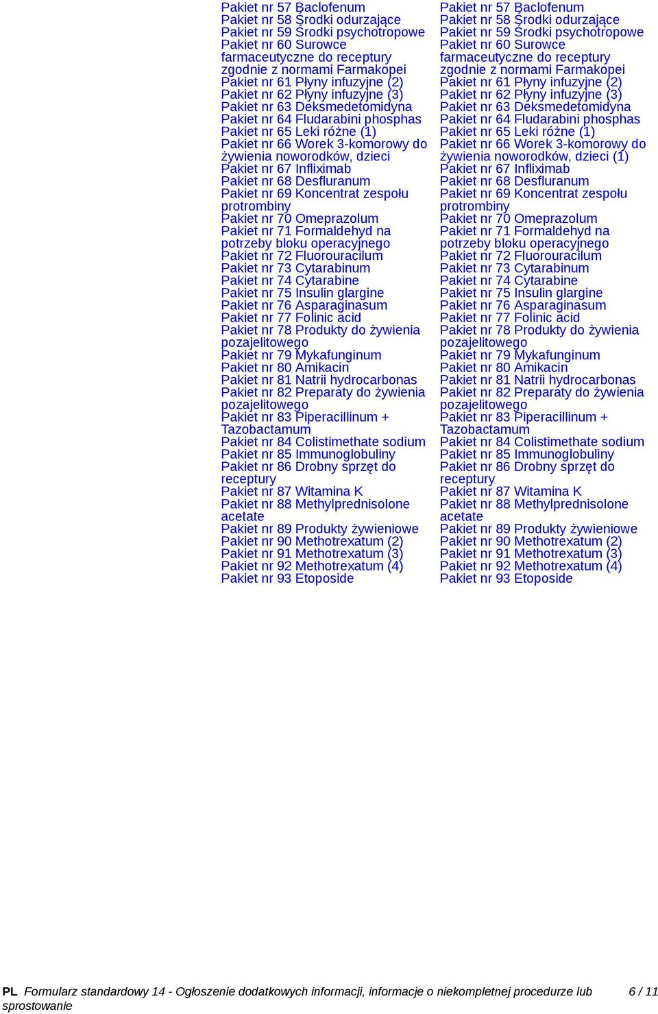 Infliximab Pakiet nr 68 Desfluranum Pakiet nr 69 Koncentrat zespołu protrombiny Pakiet nr 70 Omeprazolum Pakiet nr 71 Formaldehyd na potrzeby bloku operacyjnego Pakiet nr 72 Fluorouracilum Pakiet nr