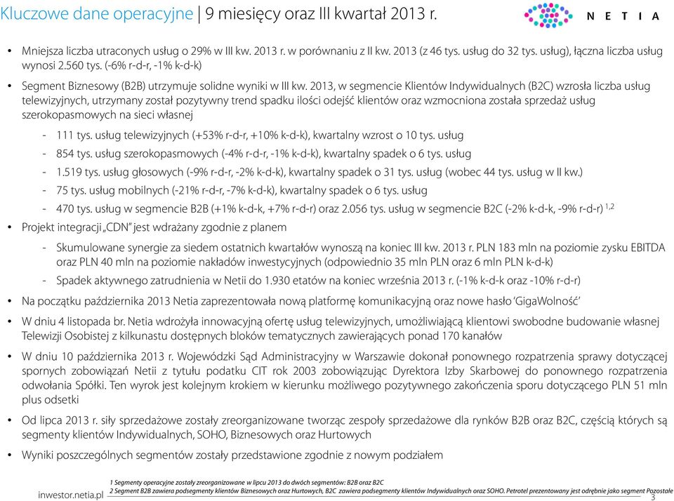 213, w segmencie Klientów Indywidualnych (B2C) wzrosła liczba usług telewizyjnych, utrzymany został pozytywny trend spadku ilości odejść klientów oraz wzmocniona została sprzedaż usług