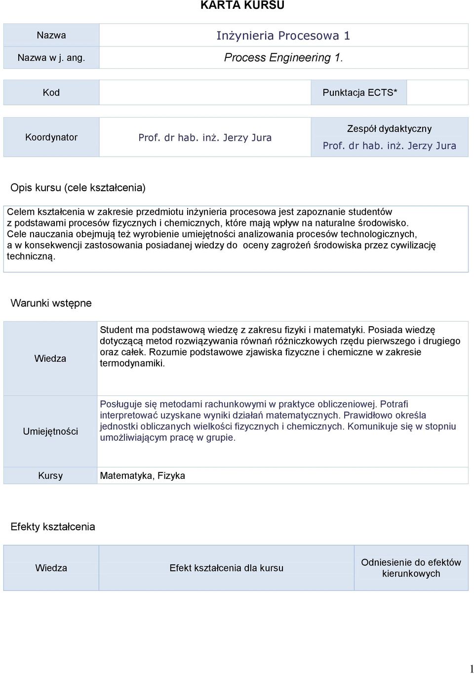 Jerzy Jura Opis kursu (cele kształcenia) Celem kształcenia w zakresie przedmiotu inżynieria procesowa jest zapoznanie studentów z podstawami procesów fizycznych i chemicznych, które mają wpływ na