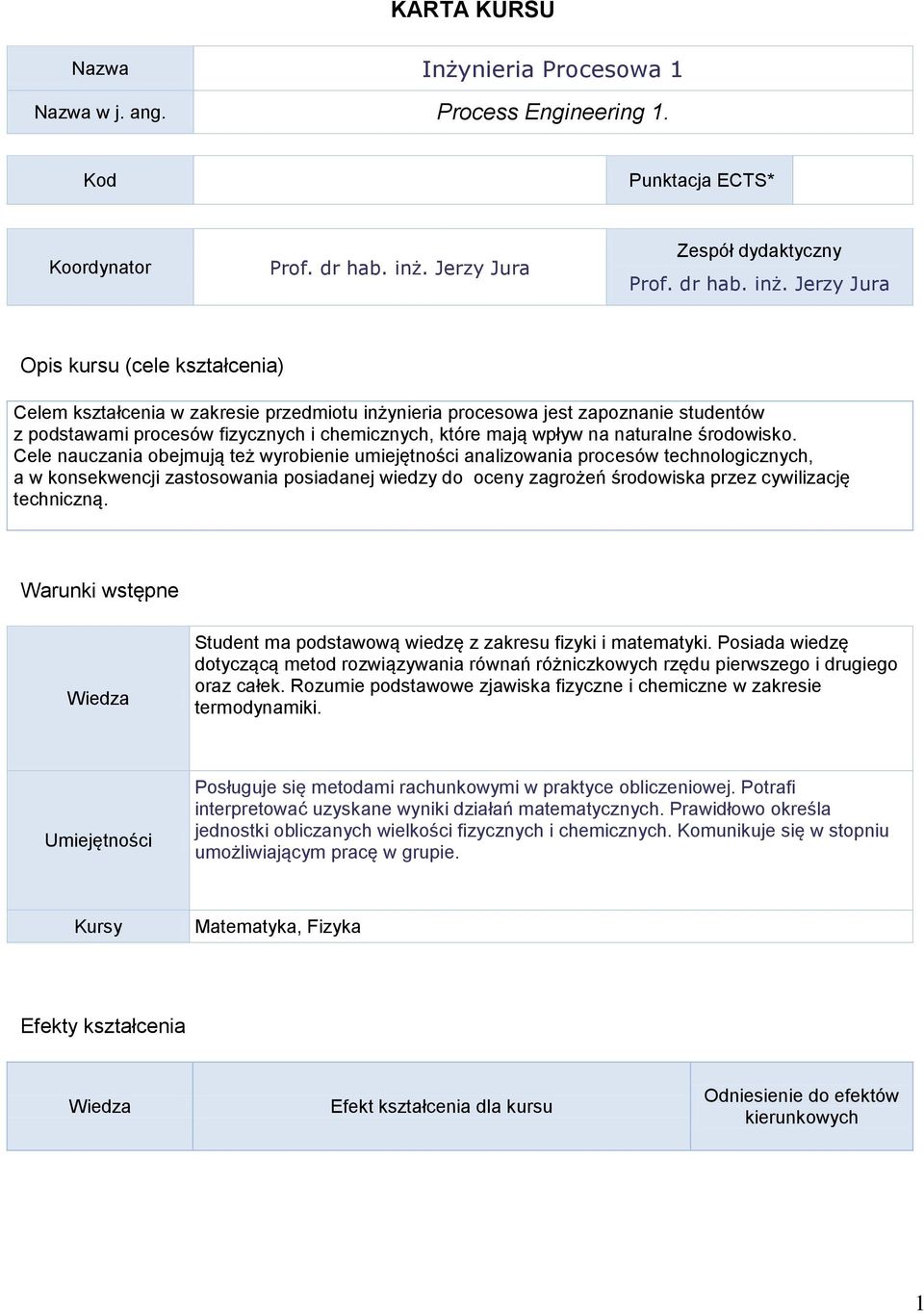 Jerzy Jura Opis kursu (cele kształcenia) Celem kształcenia w zakresie przedmiotu inżynieria procesowa jest zapoznanie studentów z podstawami procesów fizycznych i chemicznych, które mają wpływ na