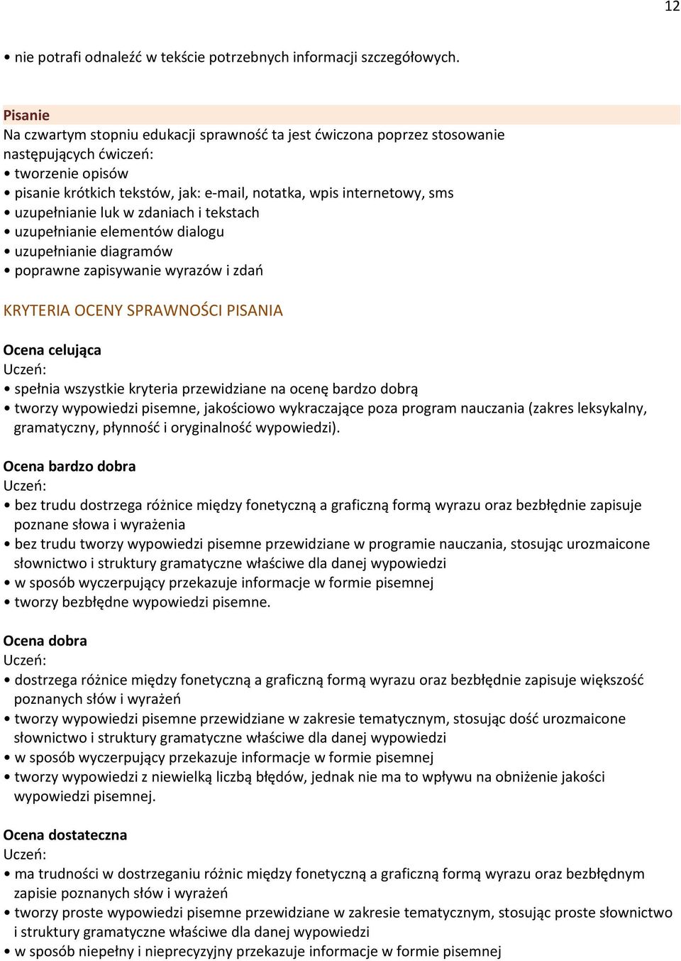 uzupełnianie luk w zdaniach i tekstach uzupełnianie elementów dialogu uzupełnianie diagramów poprawne zapisywanie wyrazów i zdań KRYTERIA OCENY SPRAWNOŚCI PISANIA Ocena celująca spełnia wszystkie