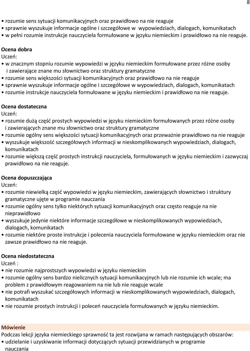 Ocena dobra w znacznym stopniu rozumie wypowiedzi w języku niemieckim formułowane przez różne osoby i zawierające znane mu słownictwo oraz struktury gramatyczne rozumie sens większości sytuacji