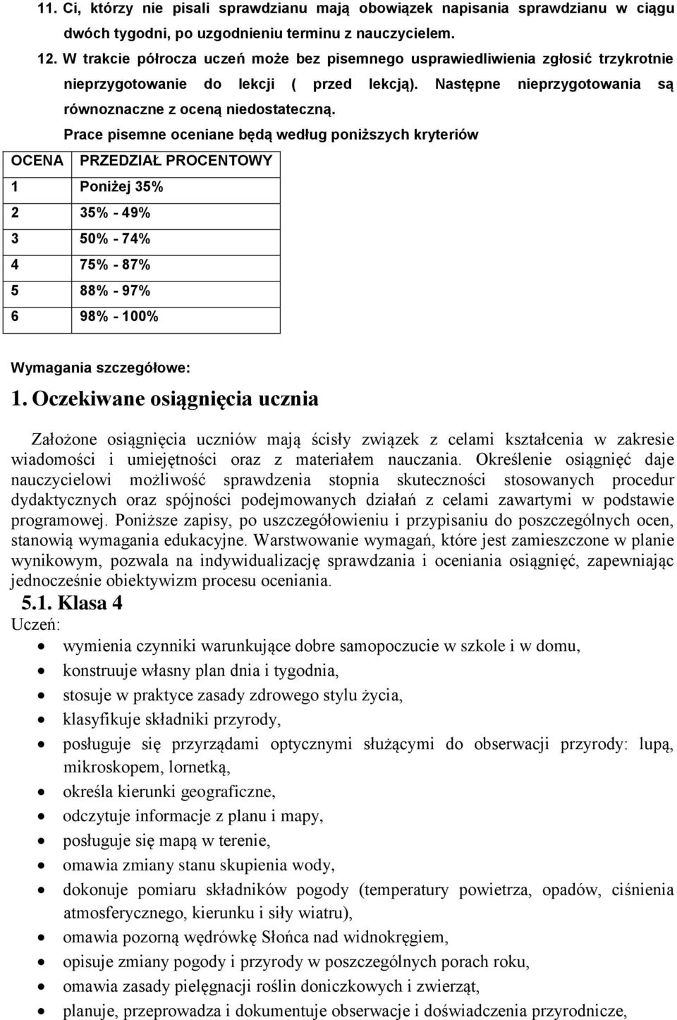 Prace pisemne oceniane będą według poniższych kryteriów OCENA PRZEDZIAŁ PROCENTOWY 1 Poniżej 35% 2 35% - 49% 3 50% - 74% 4 75% - 87% 5 88% - 97% 6 98% - 100% Wymagania szczegółowe: 1.