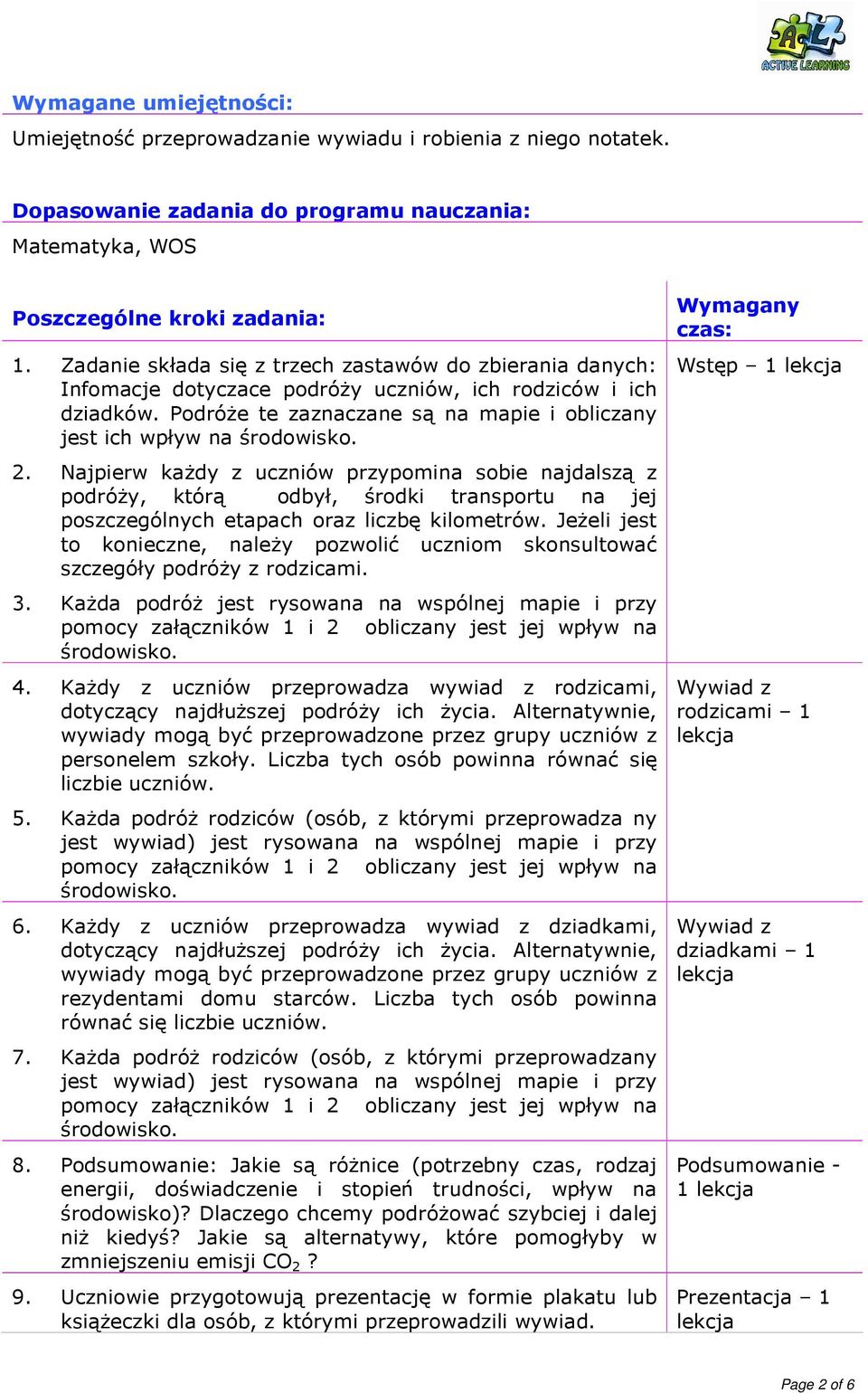 2. Najpierw kaŝdy z uczniów przypomina sobie najdalszą z podróŝy, którą odbył, środki transportu na jej poszczególnych etapach oraz liczbę kilometrów.