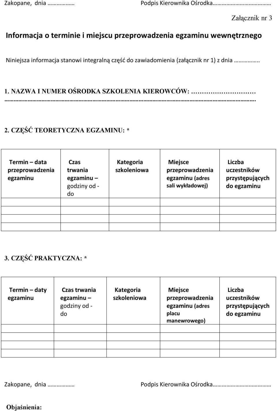 CZĘŚĆ TEORETYCZNA EGZAMINU: * Termin data egzaminu Czas trwania egzaminu godziny od - do egzaminu (adres sali wykładowej) Liczba