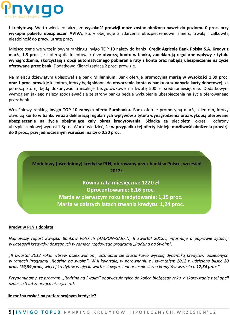 Miejsce ósme we wrześniowym rankingu Invigo TOP 10 należy do banku Credit Agricole Bank Polska S.A. Kredyt z marżą 1,3 proc.