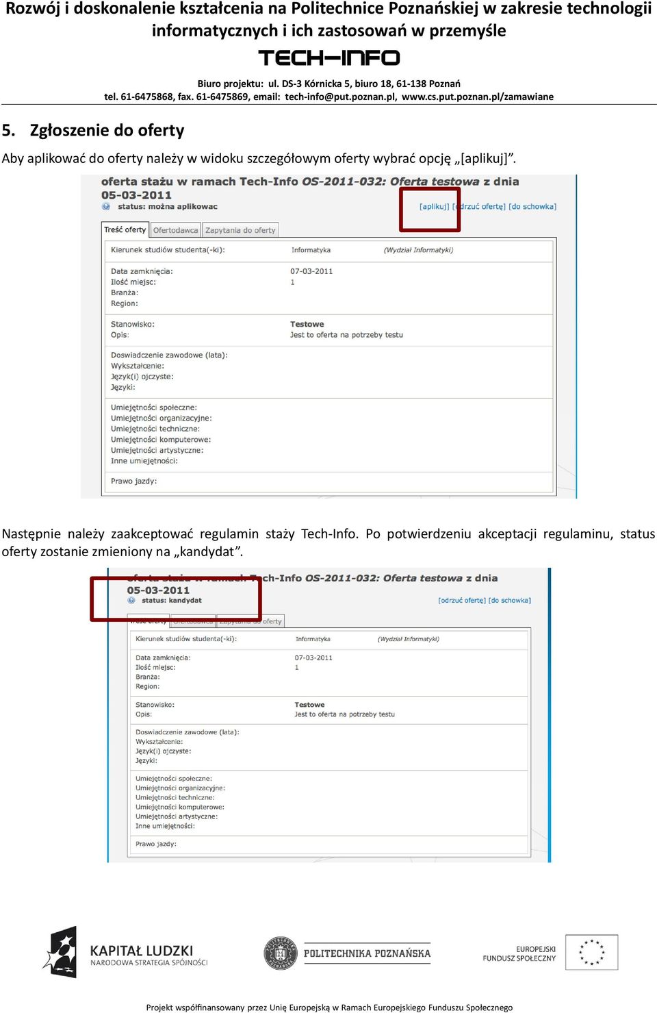 Następnie należy zaakceptować regulamin staży Tech-Info.