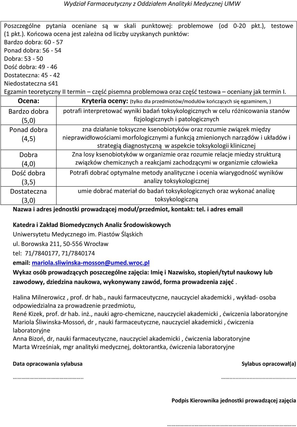 Końcowa ocena jest zależna od liczby uzyskanych punktów: Bardzo dobra: 60-57 Ponad dobra: 56-54 Dobra: 53-50 Dość dobra: 49-46 Dostateczna: 45-42 Niedostateczna 41 Egzamin teoretyczny II termin część