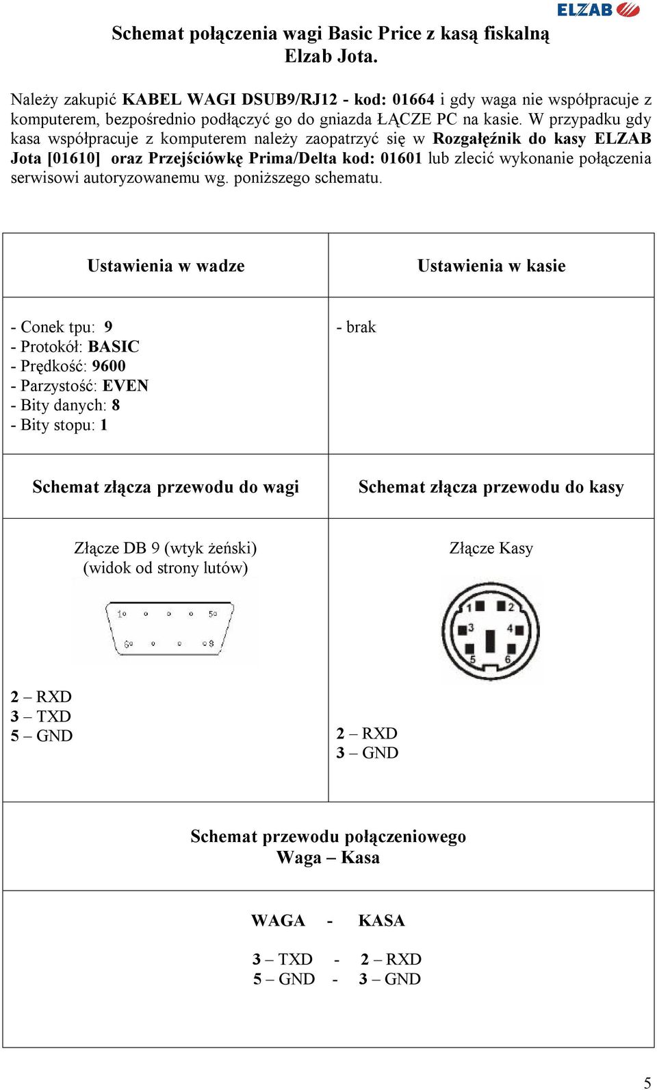 W przypadku gdy kasa współpracuje z komputerem należy zaopatrzyć się w Rozgałęźnik do kasy ELZAB Jota [01610] oraz Przejściówkę Prima/Delta kod: