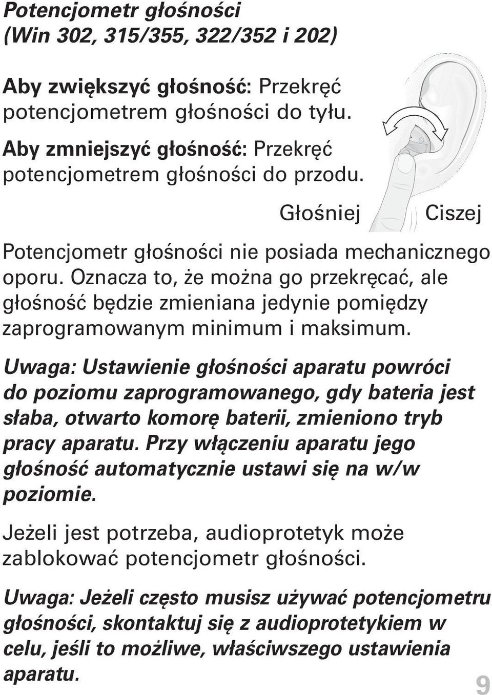 Uwaga: Ustawienie głośności aparatu powróci do poziomu zaprogramowanego, gdy bateria jest słaba, otwarto komorę baterii, zmieniono tryb pracy aparatu.