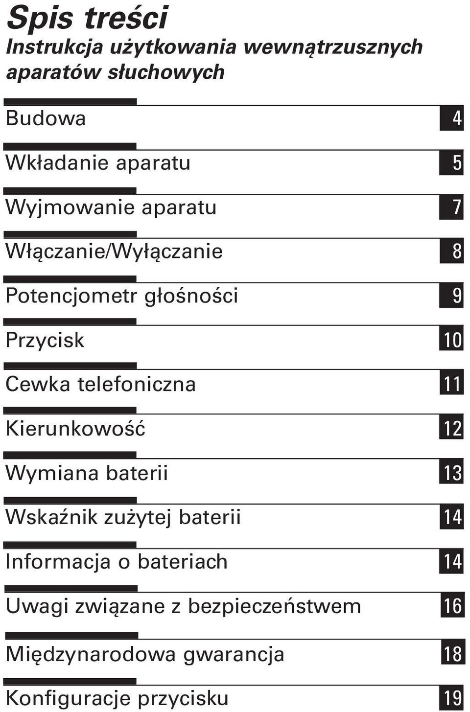 Cewka telefoniczna 11 Kierunkowość 12 Wymiana baterii 13 Wskaźnik zużytej baterii 14 Informacja