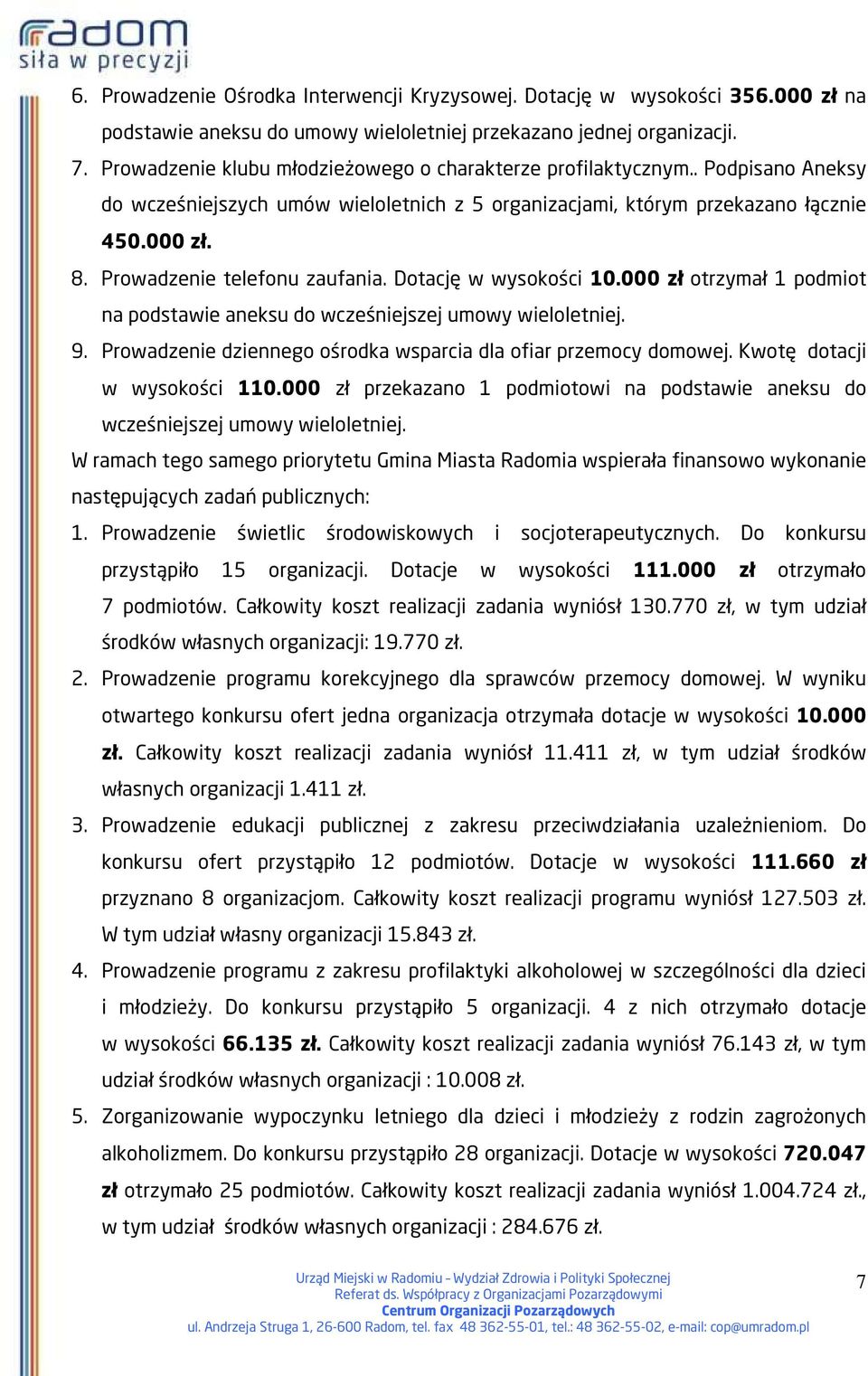 Prowadzenie telefonu zaufania. Dotację w wysokości 10.000 zł otrzymał 1 podmiot na podstawie aneksu do wcześniejszej umowy wieloletniej. 9.