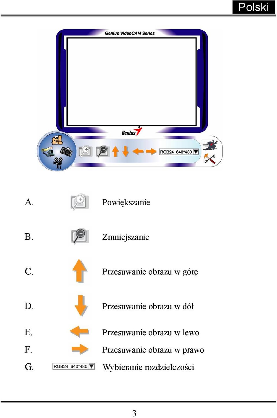 Przesuwanie obrazu w dół E.